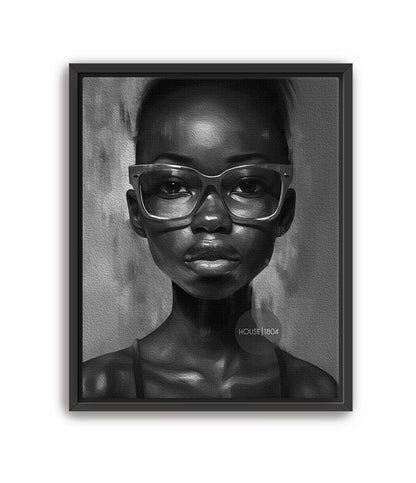 Black Woman Wall Art, Quirky Glasses Canvas Print Black White Art