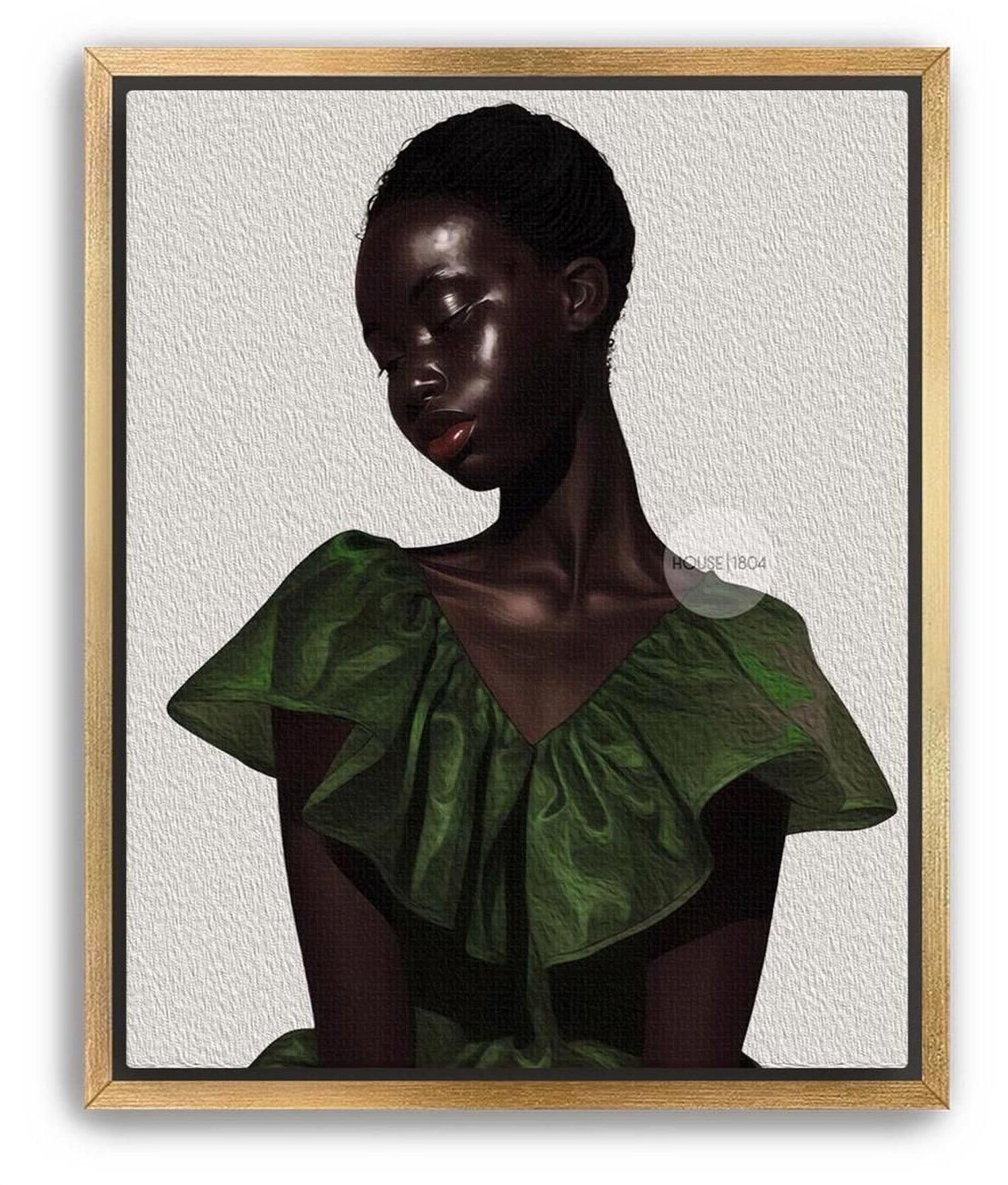 a woman with dark skin wearing a green dress with ruffled sleeves.