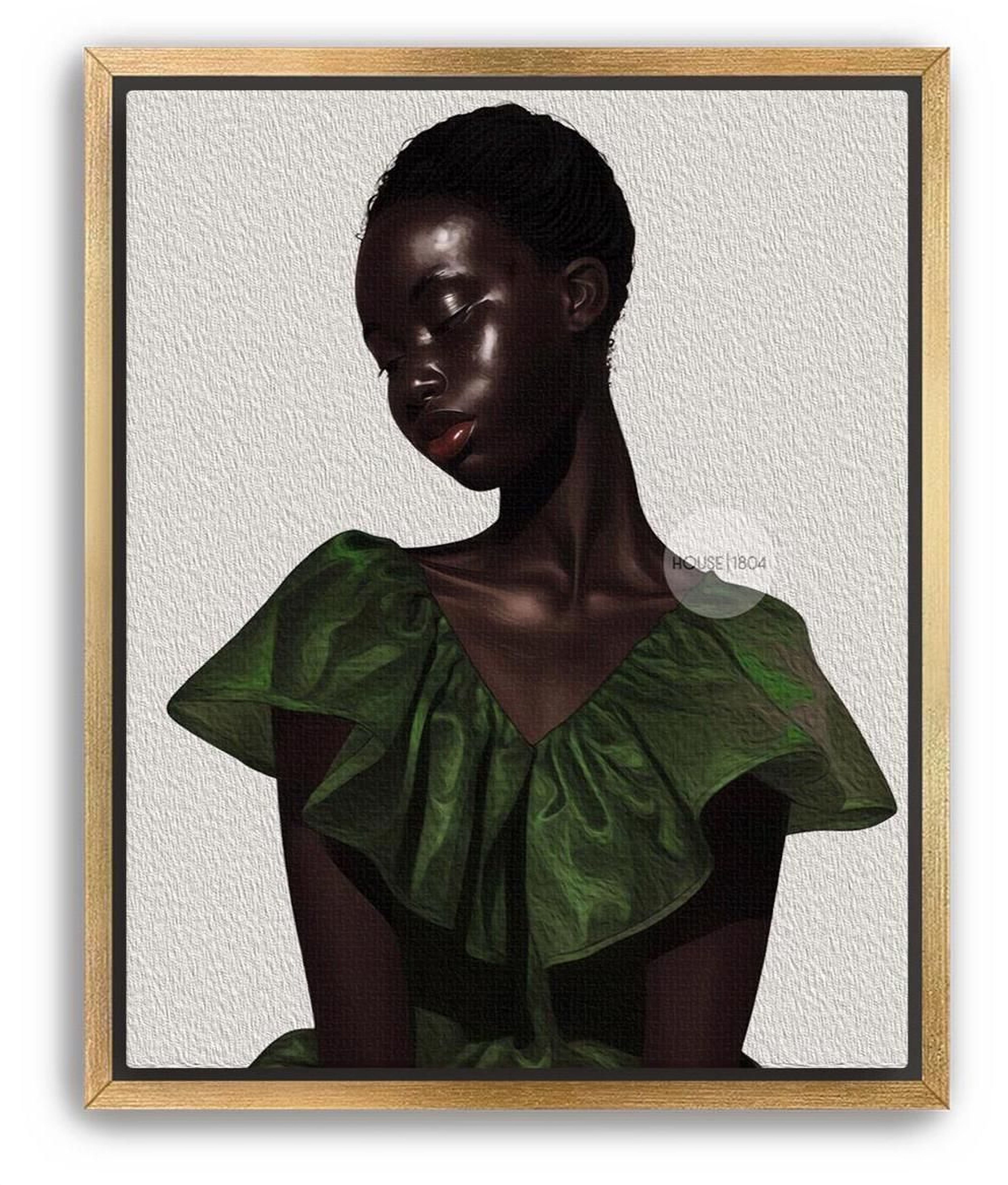 a woman with dark skin wearing a green dress with ruffled sleeves.
