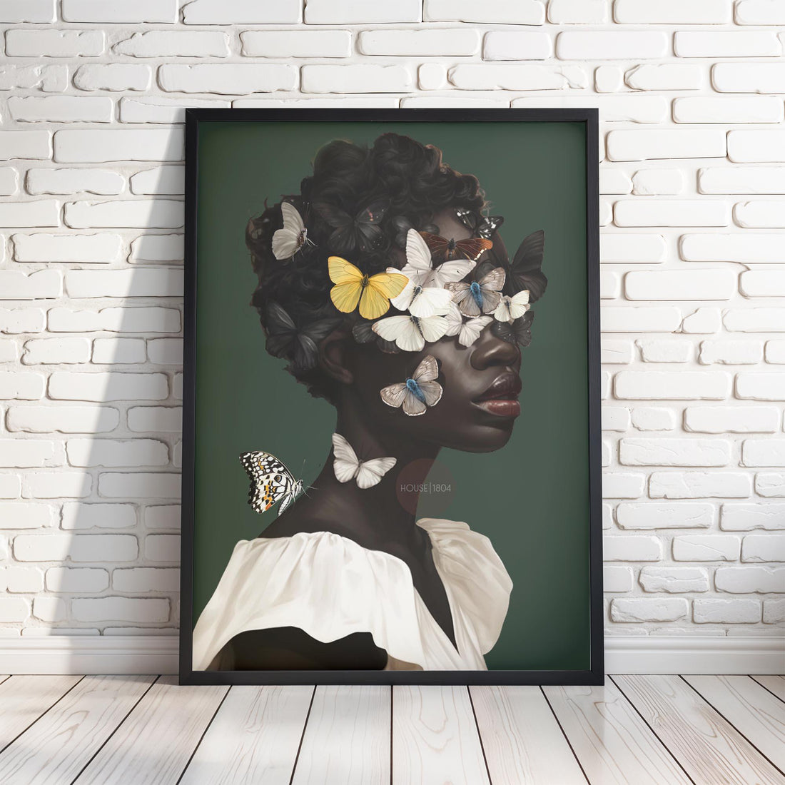 Black Woman Green Wall Art Prints: Bold Butterfly Portrait