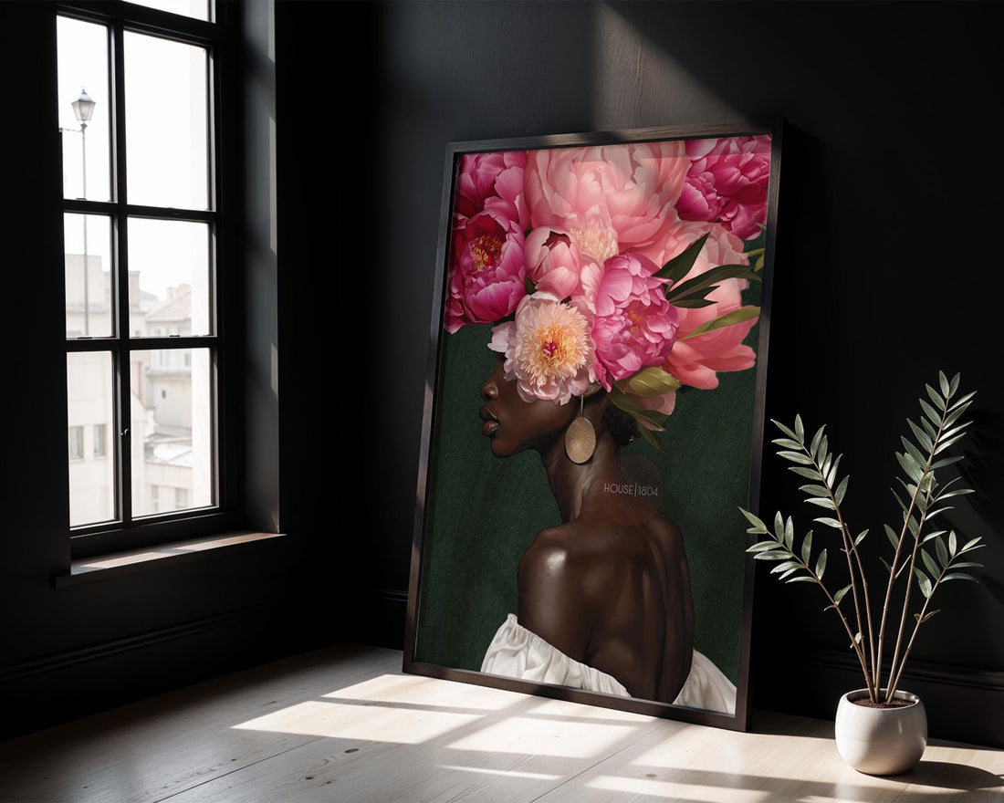 Pink Floral Crown Black Woman Canvas Print, Boho Chic Wall Art
