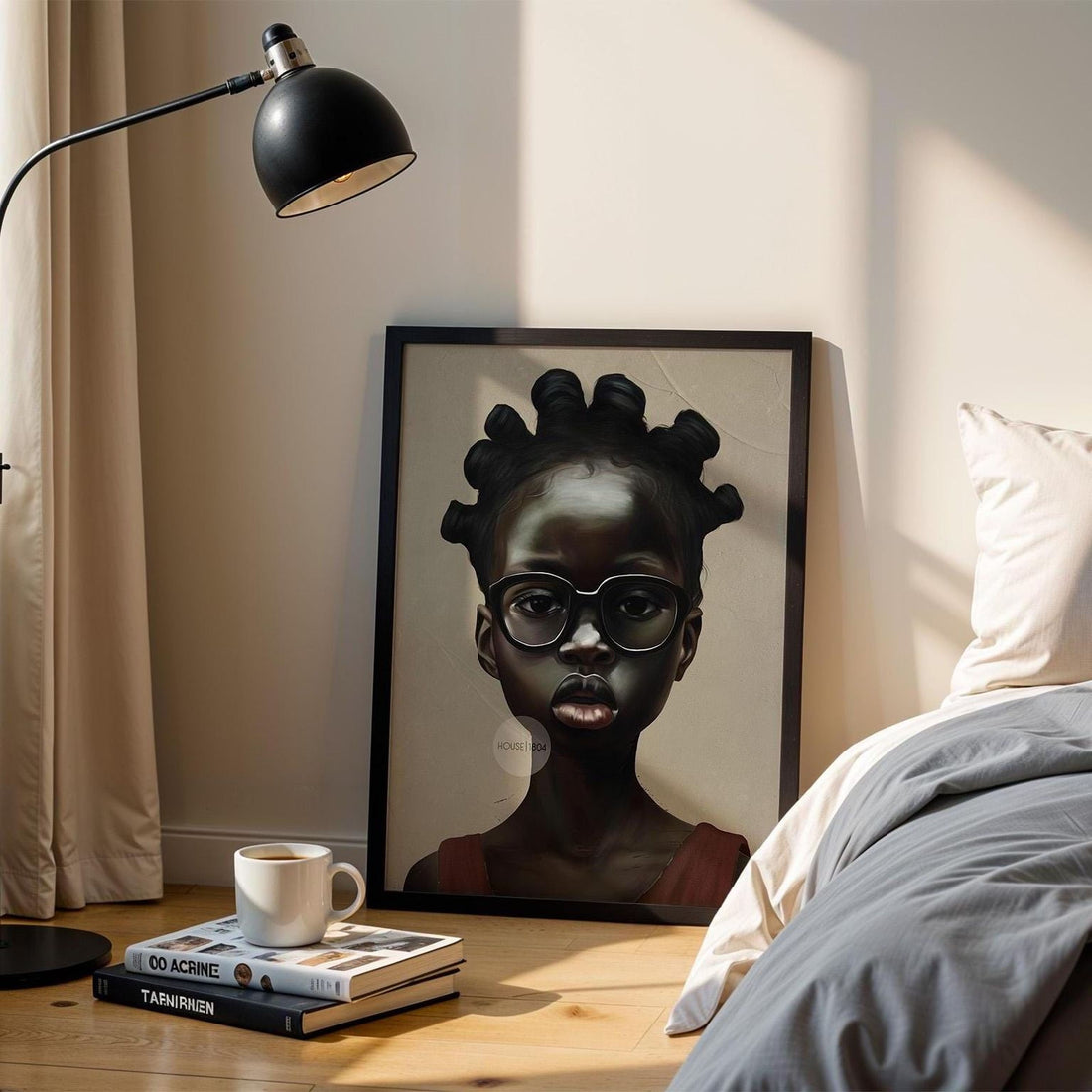 a wooden framed portrait of a young African child with bantu knot braids, placed against a bedroom wall next to a bed, lamp and a stack of books.