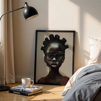 a wooden framed portrait of a young African child with bantu knot braids, placed against a bedroom wall next to a bed, lamp and a stack of books.