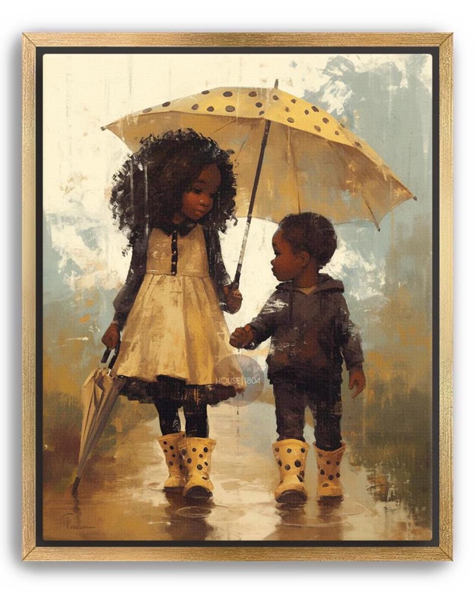 Black Sibling Art Print: Brother and Sister in Rain