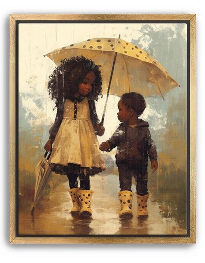 Black Sibling Art Print: Brother and Sister in Rain