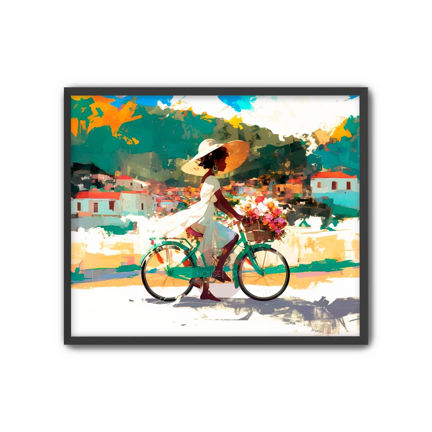 Bicycle Art, Black Woman Riding Bike, Black Girls Riding Bikes, Black Woman Art Print, Colorful Black Women Art, Caribbean Countryside Art