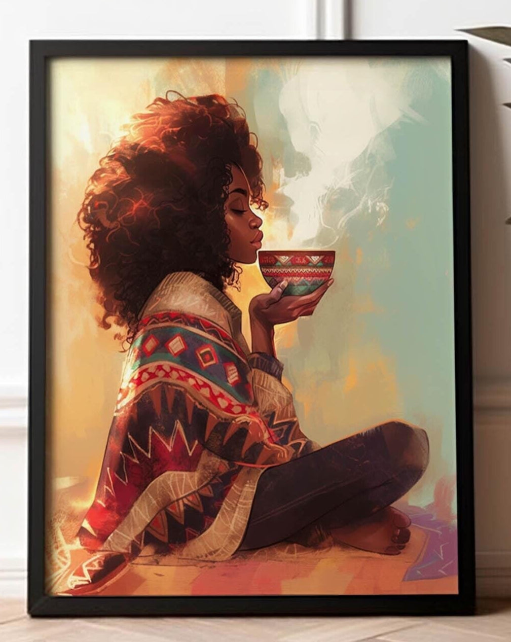 Black Woman Self care, Black Woman Tea Wall Art, Coffee Tea Lover Gift, Black Woman Relaxing Wall, Black Bohemian Art, Black Woman Wall Art
