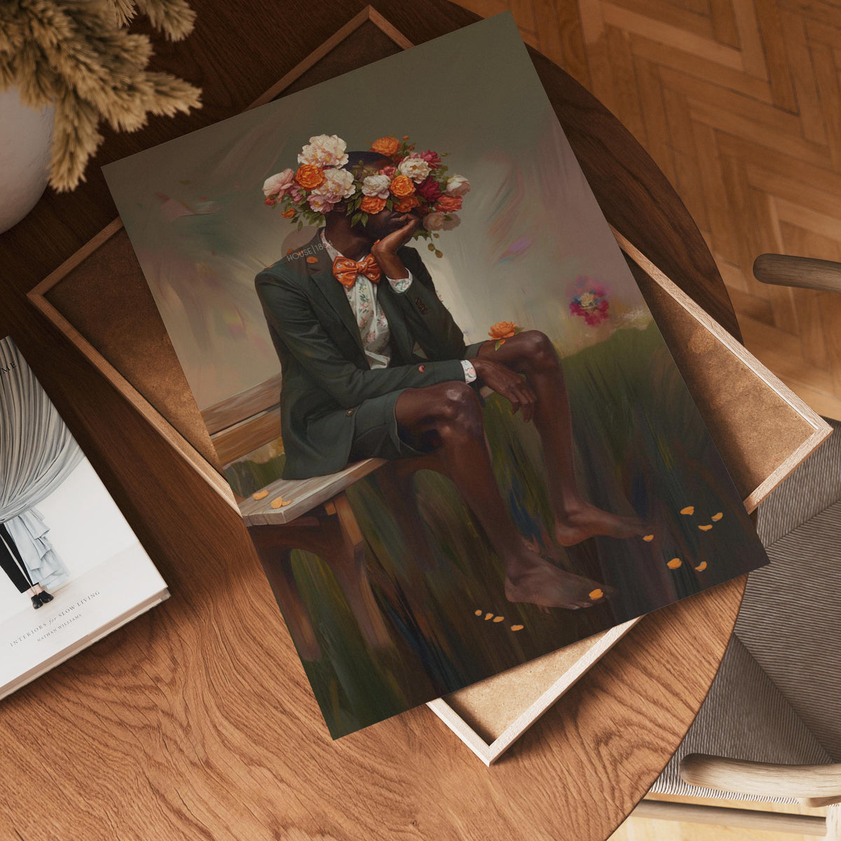 Afrocentric Man Floral Canvas Art, Black Masculine Portrait, Male Flower Head Artwork