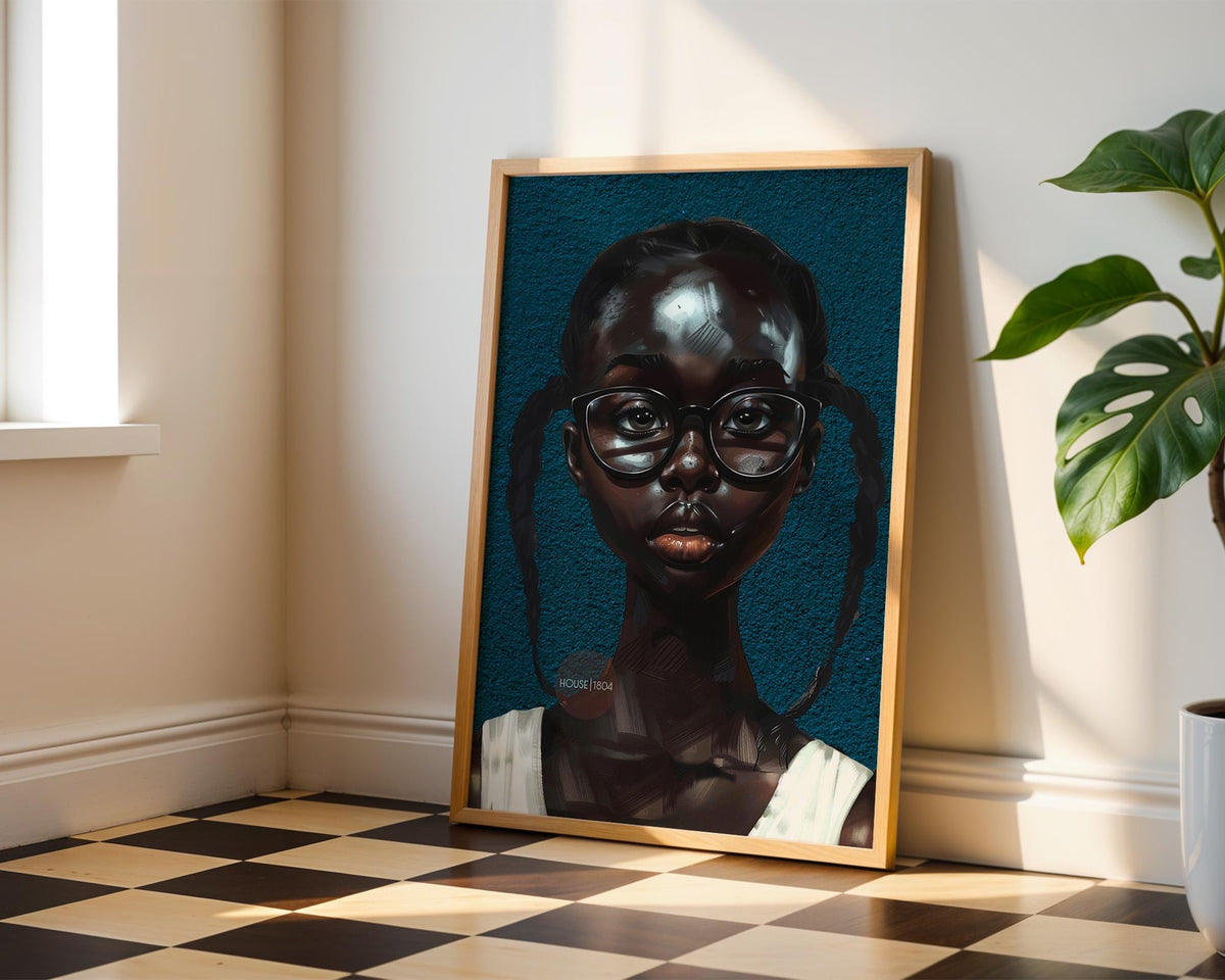 Black Girl Art Print, Little Black Girl Blues Portrait, Pigtails.