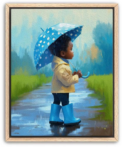 A young child in a yellow raincoat and blue rain boots stands on a wet path, holding a blue polka dot umbrella, with a serene landscape of trees and a blue sky in the background.