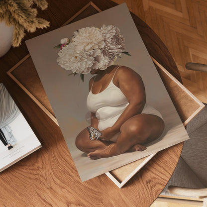 Curvy Black Woman Meditation Canvas: Flower Head Art, Positive Body Art Print