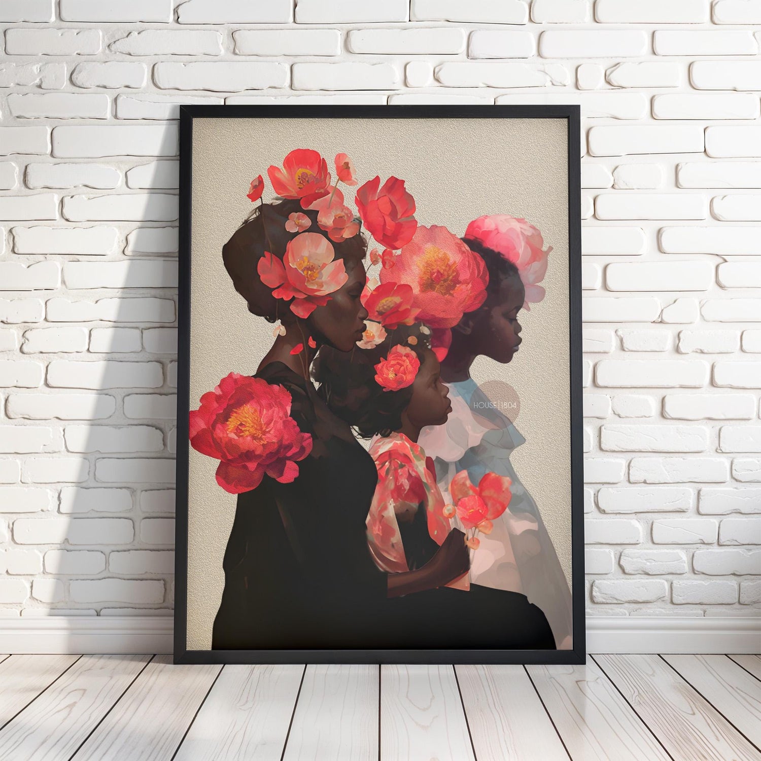 Black Mother and Two Daughters Framed Canvas Wall Art Print: