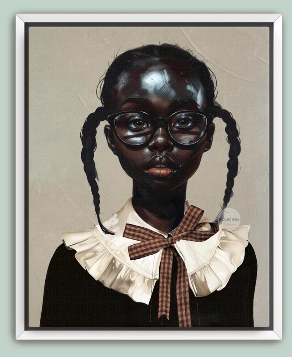 a young girl with beautiful deep dark skin wearing reading glasses and a white collar, with a brown plaid bowtie on her shirt and two cute pigtails in her hair. She resembles a school girl in uniform.