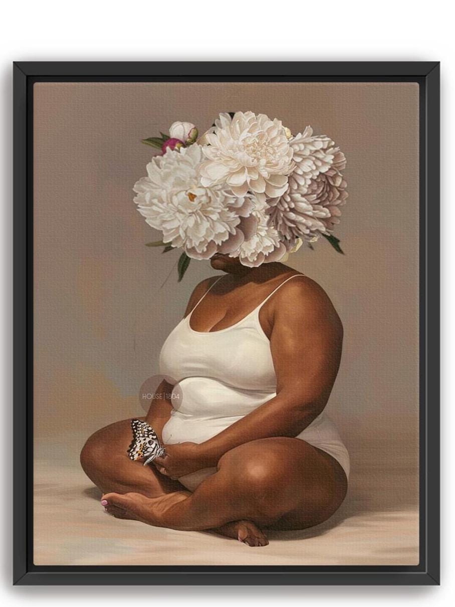 Curvy Black Woman Meditation Canvas: Flower Head Art, Positive Body Art Print