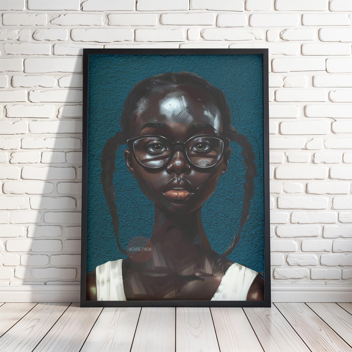 Black Girl Art Print, Little Black Girl Blues Portrait, Pigtails.