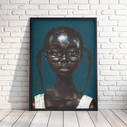 Black Girl Art Print, Little Black Girl Blues Portrait, Pigtails.