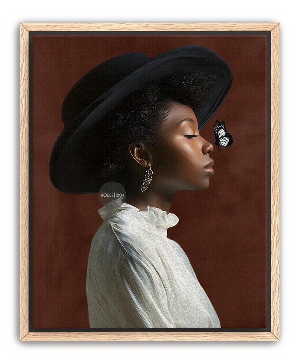 A woman wearing a large black hat and a white blouse is shown in profile, with a butterfly resting on her face.