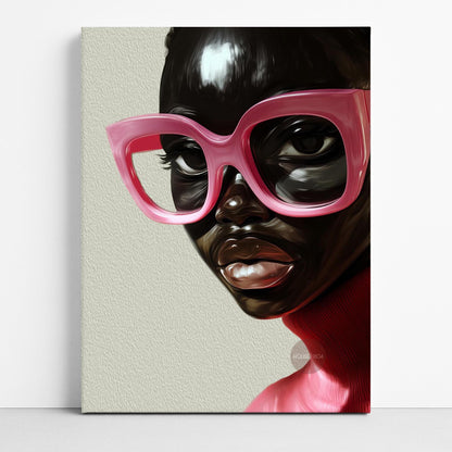Black Woman Wall Art, Vintage Glasses, Afrocentric Glamour Canvas Print, Pink