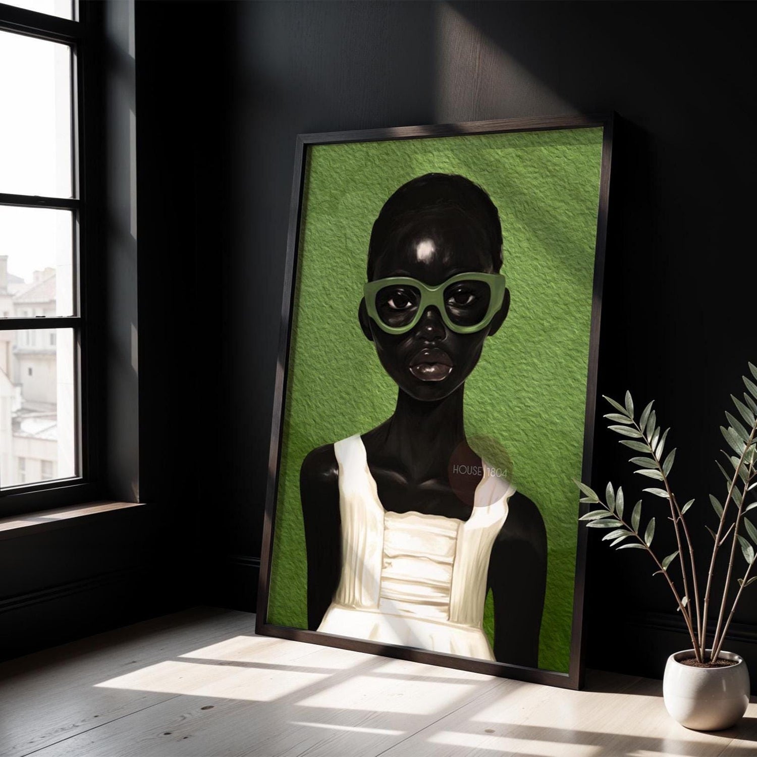 Black Girl Portrait Abstract Art: Green Bohemian Print, Urban Home Canvas
