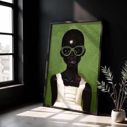 Black Girl Portrait Abstract Art: Green Bohemian Print, Urban Home Canvas