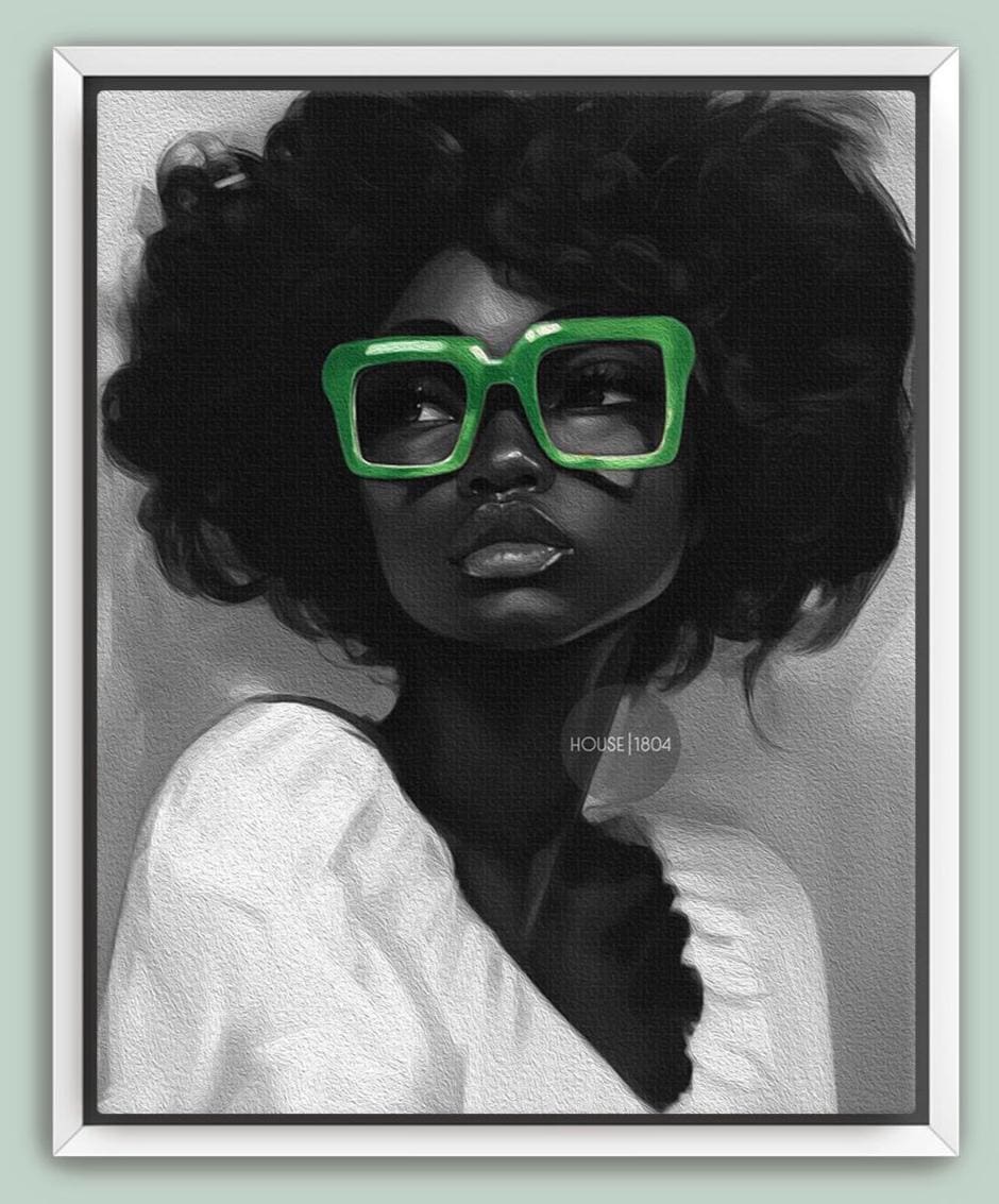 Black Woman Canvas Art - Bold Green Glasses Framed Black and White Portrait Print
