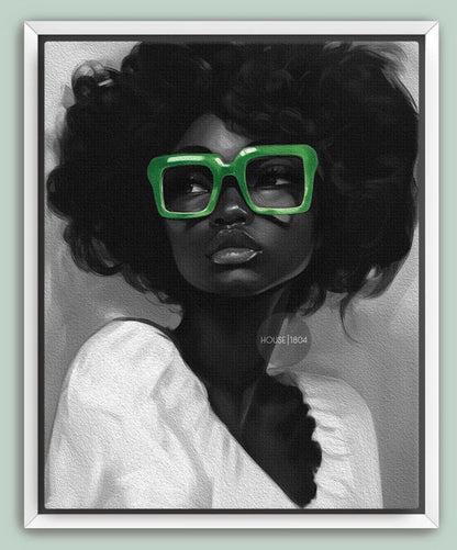 Black Woman Canvas Art - Bold Green Glasses Framed Black and White Portrait Print
