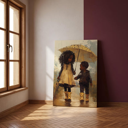 Black Sibling Art Print: Brother and Sister in Rain