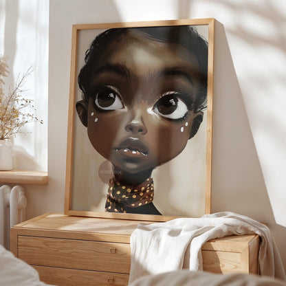 Black Girl Wall Art, Surreal Big Eye Portrait Print, Canvas Framed and Framed