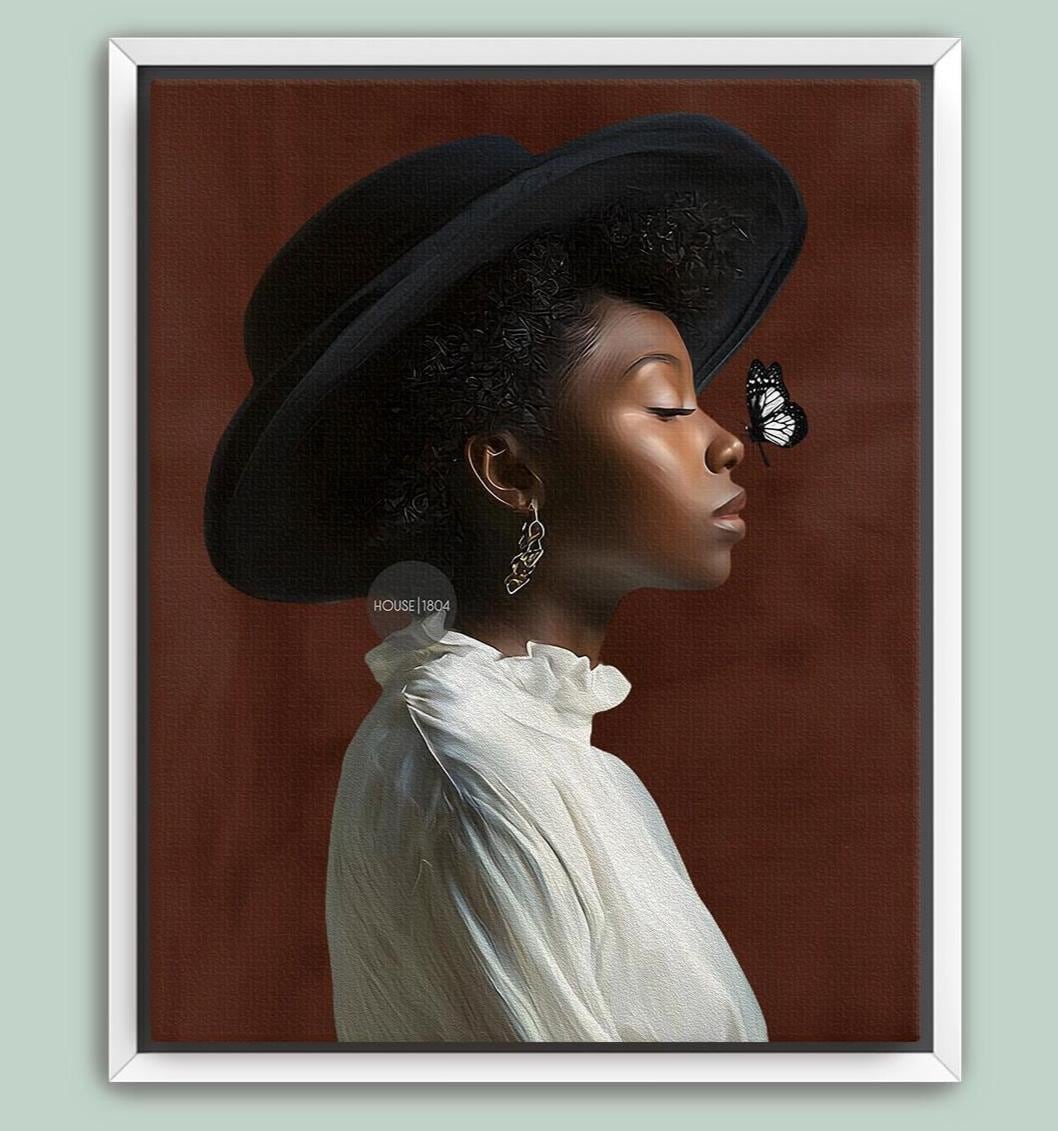 A woman wearing a large black hat and a white blouse is shown in profile, with a butterfly resting on her nose.