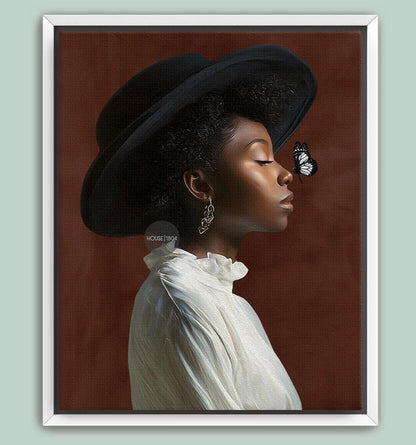 A woman wearing a large black hat and a white blouse is shown in profile, with a butterfly resting on her nose.