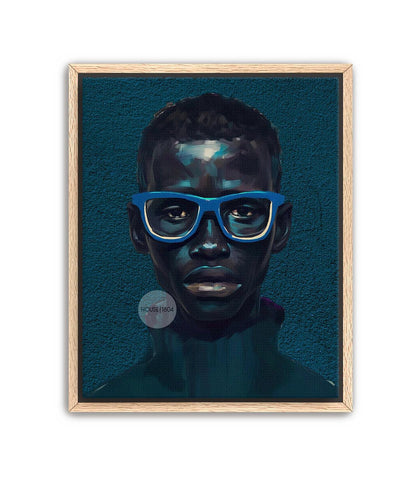 Modern Black Boy Art, Blue Portrait Art Fine Print Canvas | Framed or Unframed