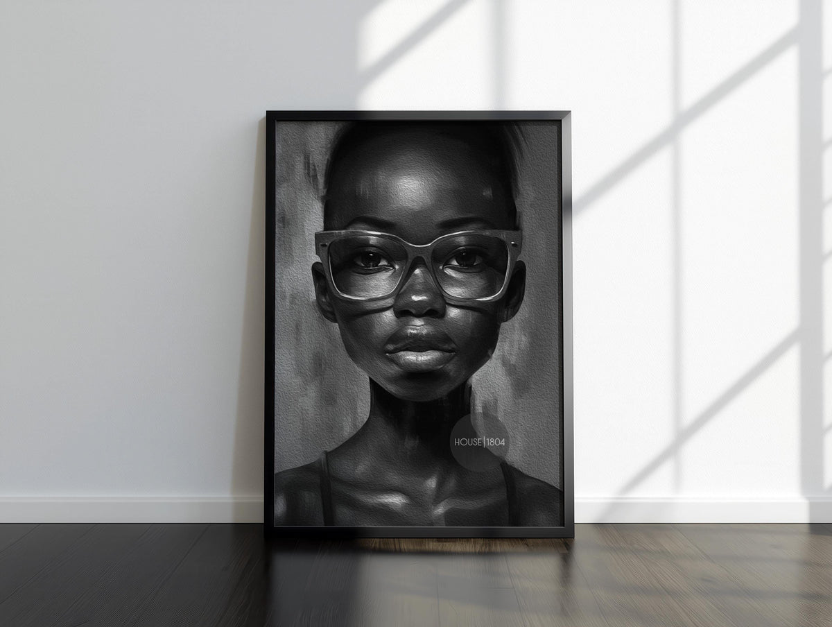 Black Woman Wall Art, Quirky Glasses Canvas Print Black White Art