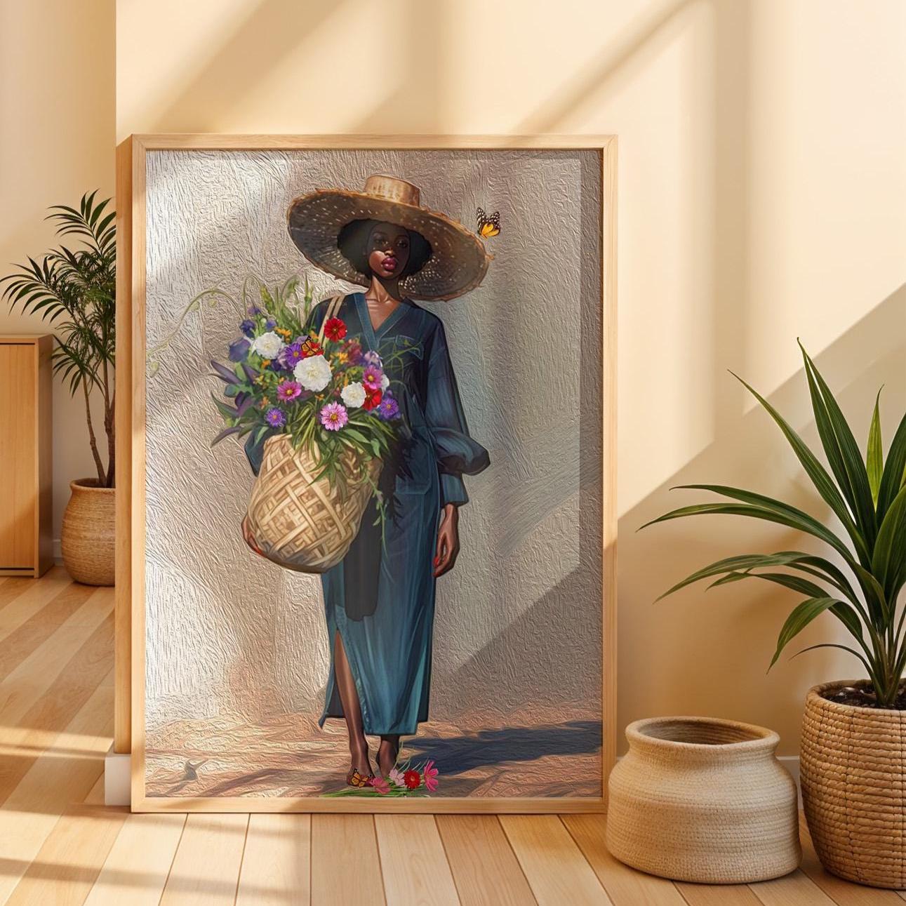 Black Woman Floral Canvas Art, Tropical Botanical Woman Portrait, Plant Lady with Flowers Canvas Art