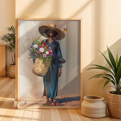 Black Woman Floral Canvas Art, Tropical Botanical Woman Portrait, Plant Lady with Flowers Canvas Art