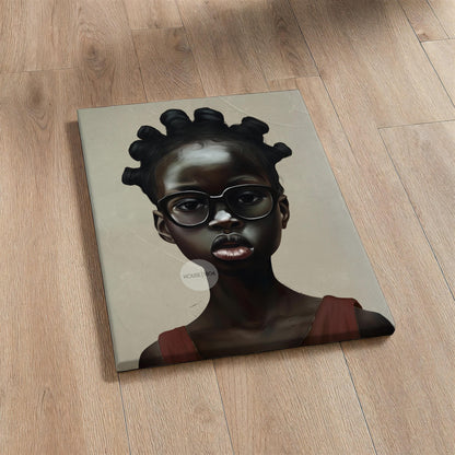 The image is a digital artwork depicting a young African woman with braided hair and glasses, wearing a red top.