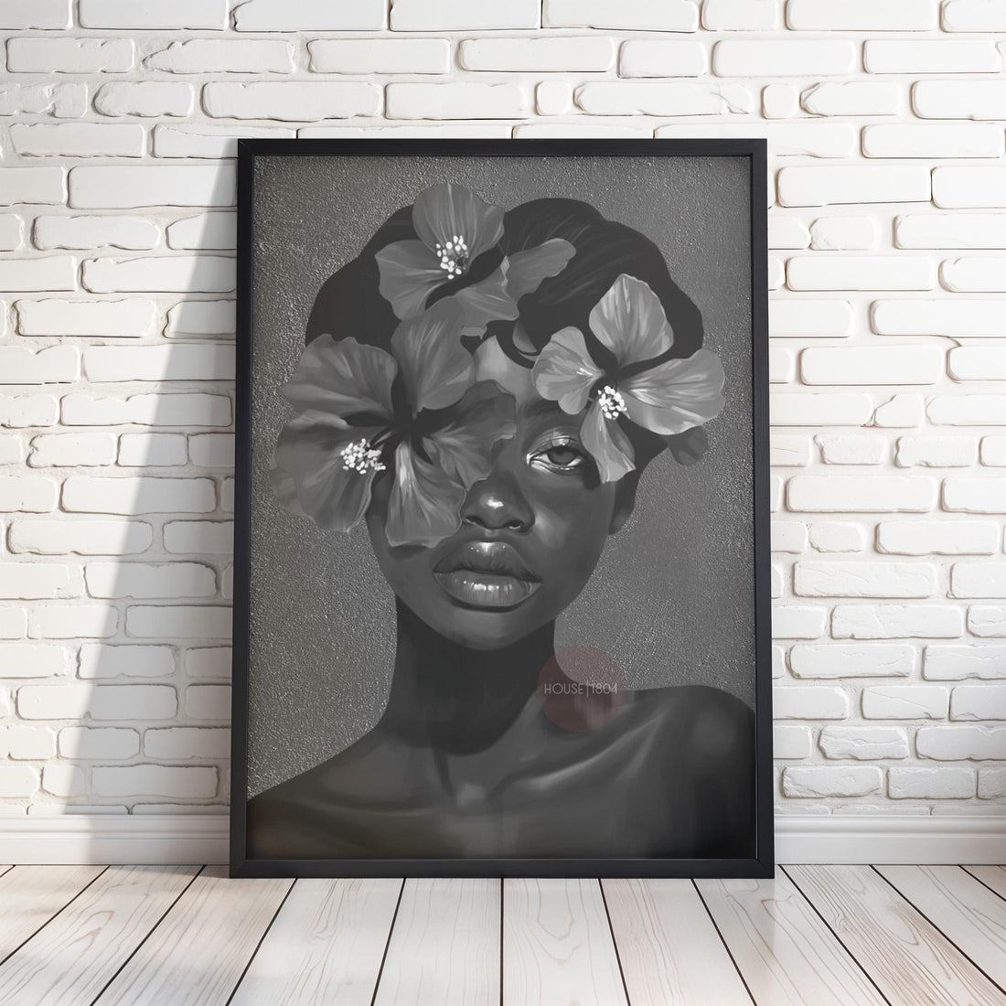 Black Woman Flower Art Print: Monochrome Portrait Wall Art