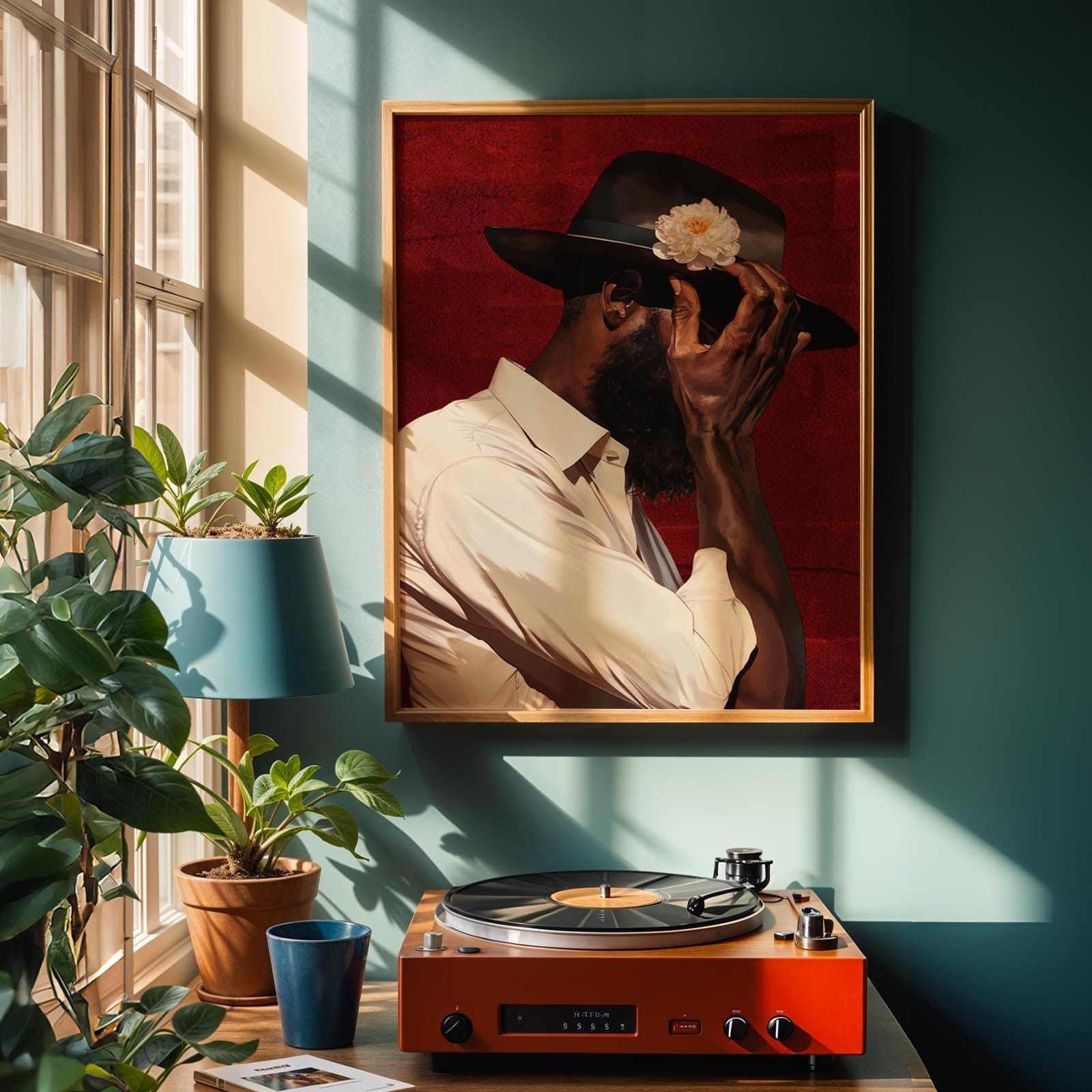 Black Man Portrait Art: Urban Silhouette, Red Background