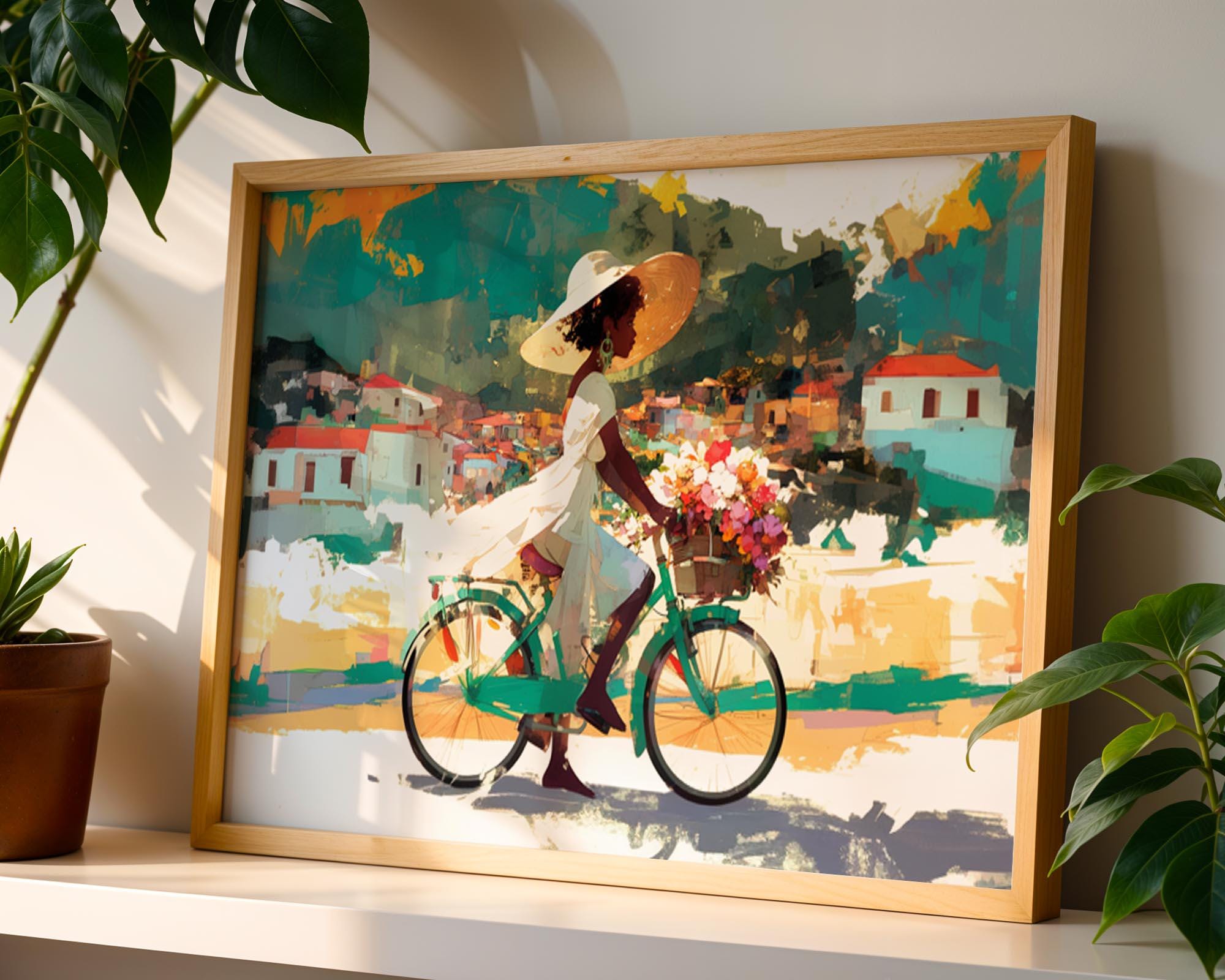 Bicycle Art, Black Woman Riding Bike, Black Girls Riding Bikes, Black Woman Art Print, Colorful Black Women Art, Caribbean Countryside Art