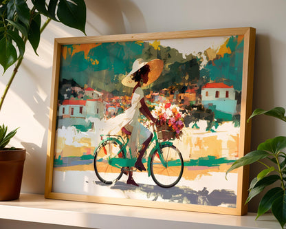 Bicycle Art, Black Woman Riding Bike, Black Girls Riding Bikes, Black Woman Art Print, Colorful Black Women Art, Caribbean Countryside Art