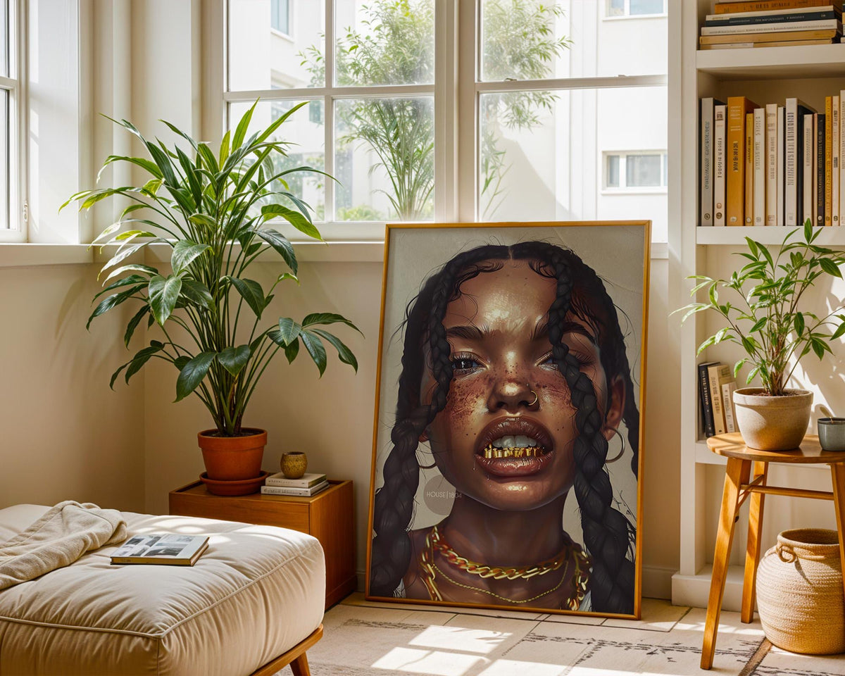 Black Girl Canvas Artwork: African American Grillz Art Print, Urban Boho Neutral Decor