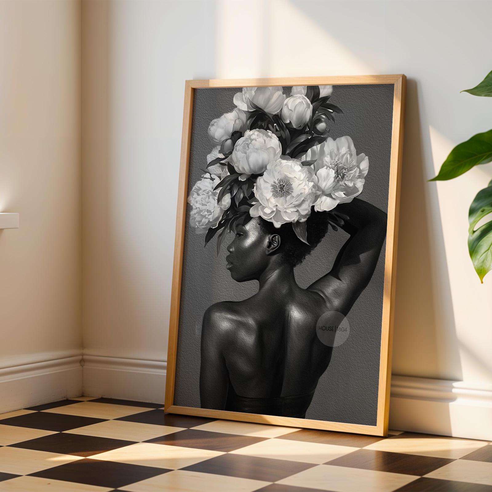 Black and White Black Woman Flower Art Print