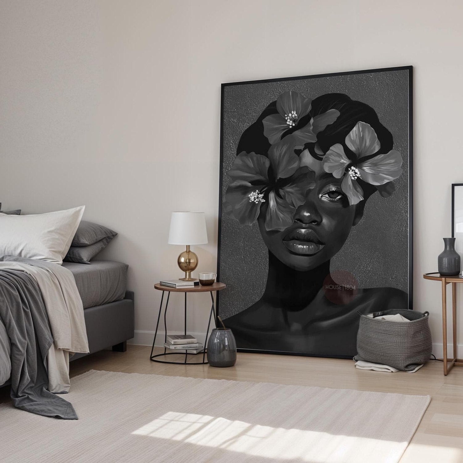 Black Woman Flower Art Print: Monochrome Portrait Wall Art