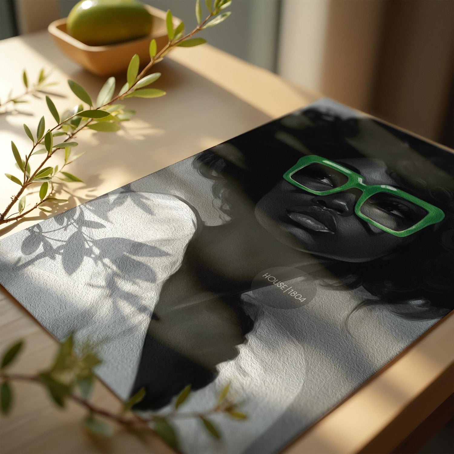 Black Woman Canvas Art - Bold Green Glasses Framed Black and White Portrait Print