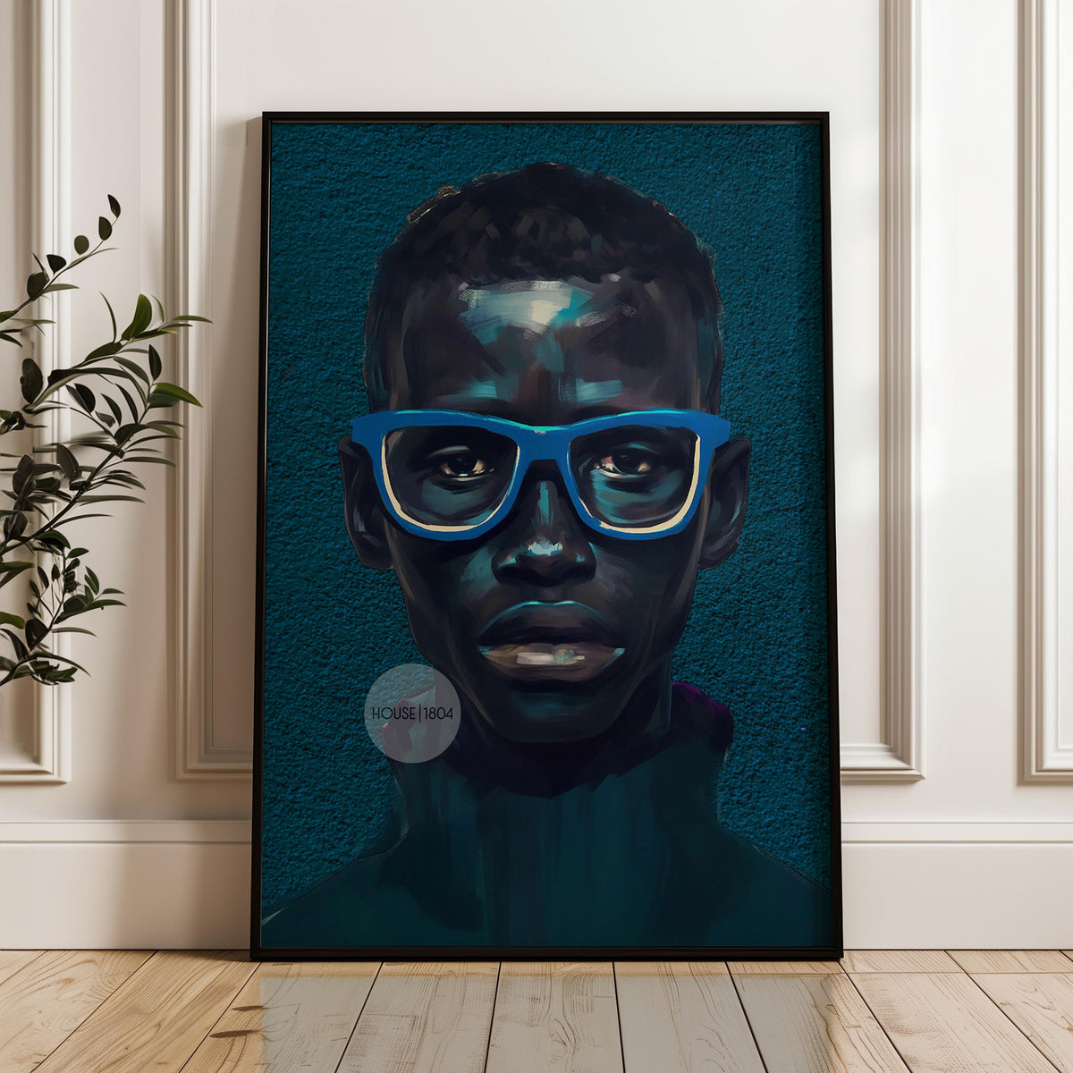 Modern Black Boy Art, Blue Portrait Art Fine Print Canvas | Framed or Unframed