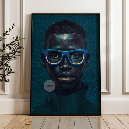 Modern Black Boy Art, Blue Portrait Art Fine Print Canvas | Framed or Unframed