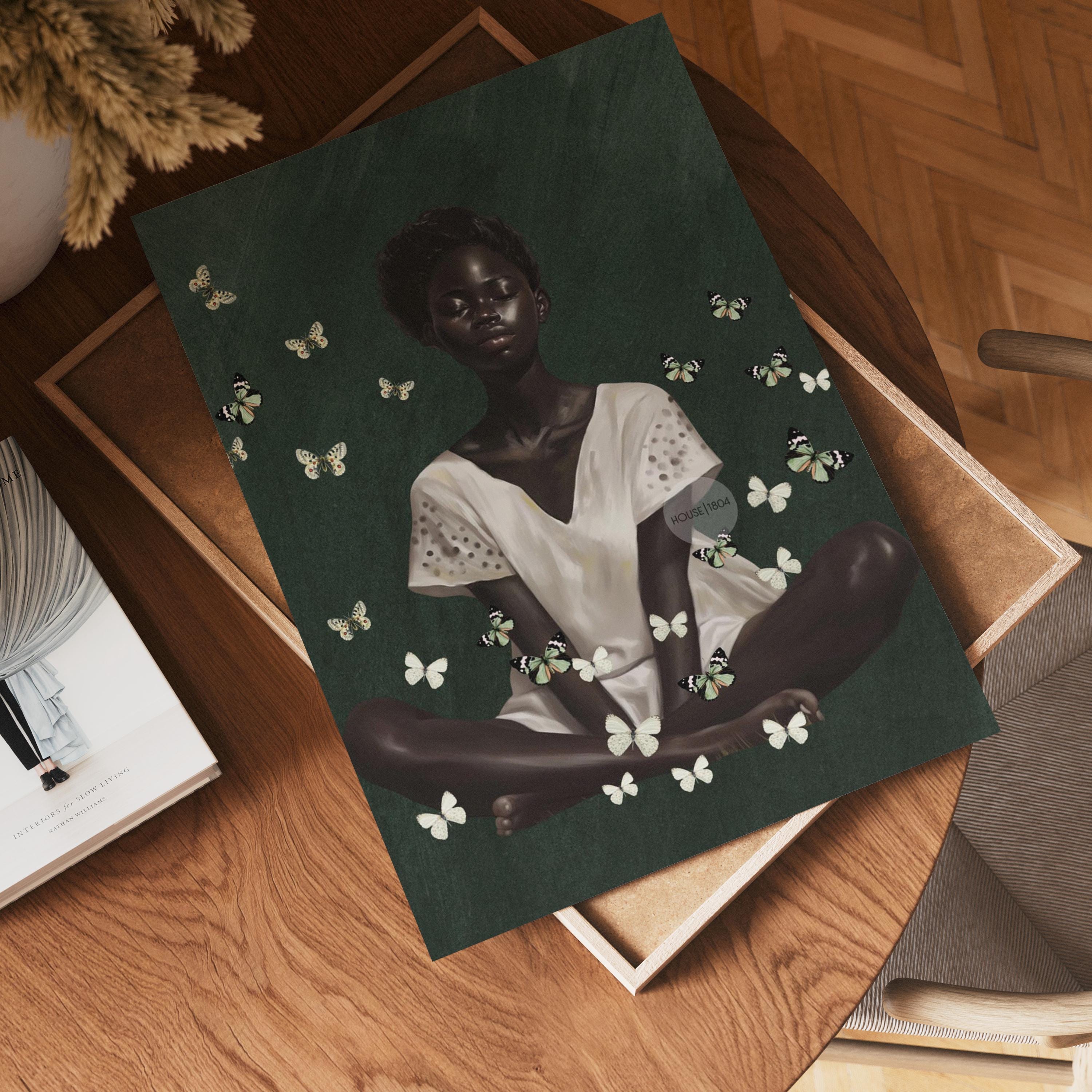 Black Woman Wall Art – Deep Green Serene Art Print With White Butterfly Portrait