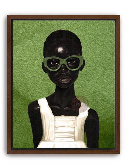 Black Girl Portrait Abstract Art: Green Bohemian Print, Urban Home Canvas