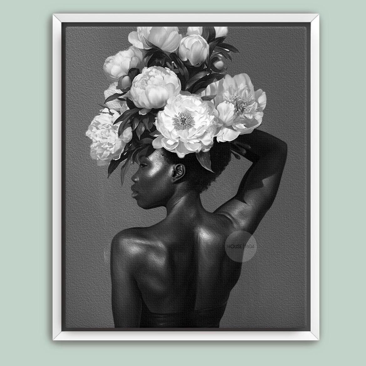 Black and White Black Woman Flower Art Print
