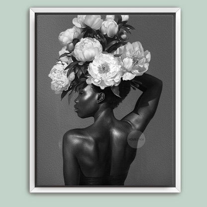 Black and White Black Woman Flower Art Print