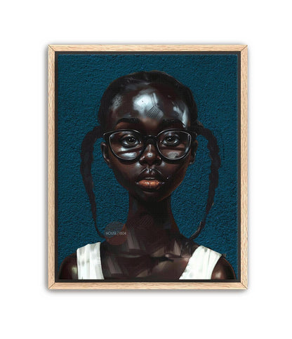 Black Girl Art Print, Little Black Girl Blues Portrait, Pigtails.